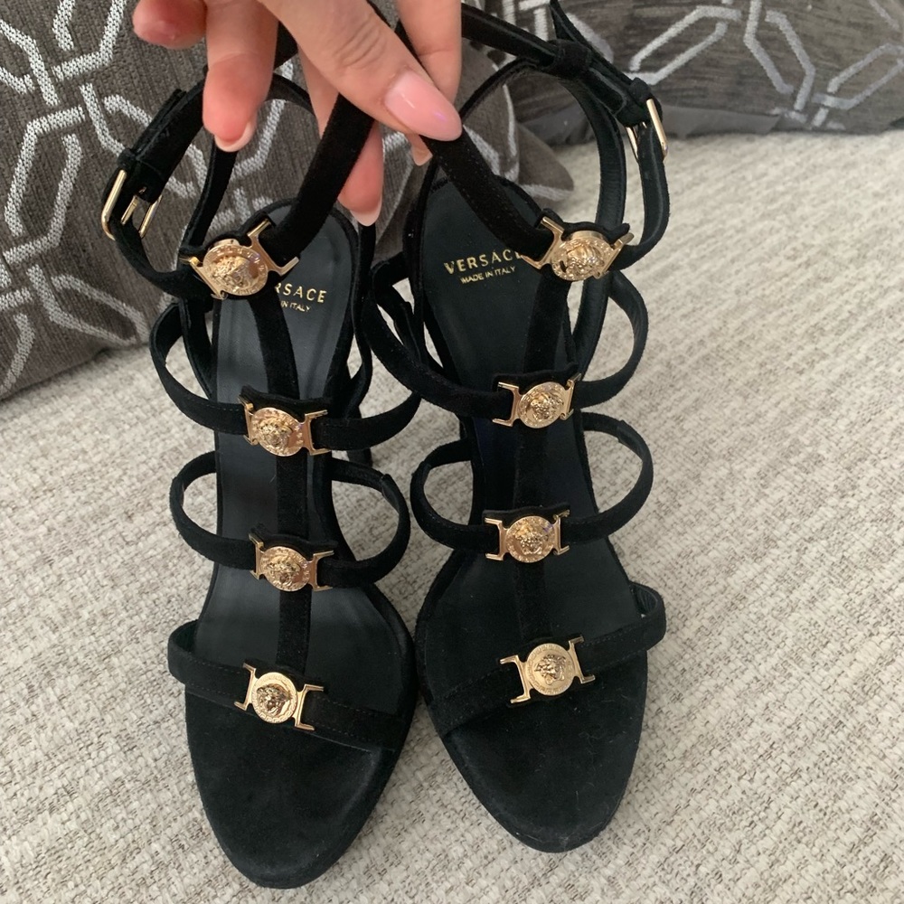 Versace Black and Gold Strappy Medusa Heels